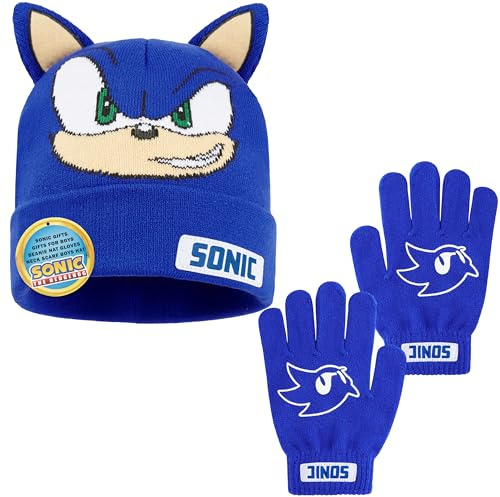 Get Trend SONIC THE HEDGEHOG Beanie Hat & Winter Gloves Set for Boys 4-12 Years, Warm Cosy Knit Winter Accessories, Gifts for Boys