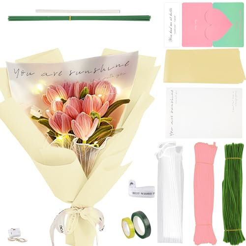 Tulpenstrauß Blumenstrauß Pfeifenreiniger Set mit Pfeifenputzer Bunt, Pfeifenputzer Blumenstrauß zum Bastel, Pipe Cleaner mit Blumendraht und Blumenband für Tulpenstrauß Bastelprojekte (rosa)
