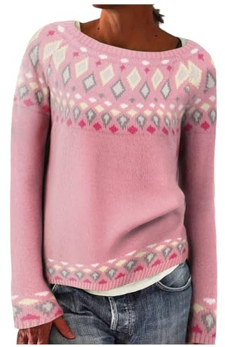 Pull Norvégien Femme laine, Pull Jacquard irlandais, Pullover Tricot large Femme Pull moche de noel femme Pull Col Roulé à Manches Longues Femme Hiver, Noel Sweat Polaire Hiver Chaud (Rose, L)