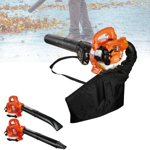 Aspirateur à feuilles 26 CC sans fil avec sac, souffleur à feuilles de gaz 424 CFM à 2 temps, broyeur de feuilles à main à double usage, soufflage et aspiration) Nettoyeur avec tube de soufflage droit