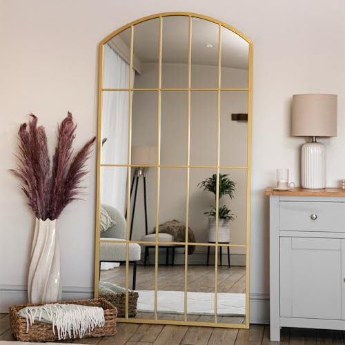Jobu Espejo de ventana de celosía arqueada de metal dorado de longitud completa, 150 cm x 60 cm, Tomi