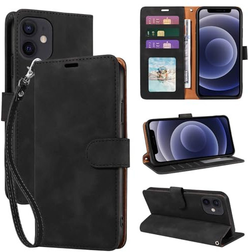 GOTOURED for iPhone 12 Mini Case Wallet, [RFID Blocking 3 Card Slots] [Wrist Strap] [Kickstand] Magnetic Shockproof Protective Leather Flip Cover 12 Mini Phone Case 2025 (Black)