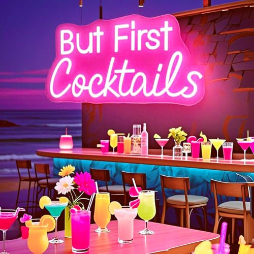HFHungkeong But First Cocktails Neon Light Sign Custom Dimmable Neon Sign Summer Beach Bar Led Neon Light Cocktails Whiskey Bar Decor Wall Decor Signs,15.7x9.4Inch(Pink)