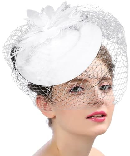 Dimeho Fascinator für Damen, Schleier, Federn, Fascinator, Haarspange, 20er-/50er-Jahre-Hüte mit Schleier, Vintage-Hut, elegante Cocktail-Teeparty-Hüte, weiß, Einheitsgröße