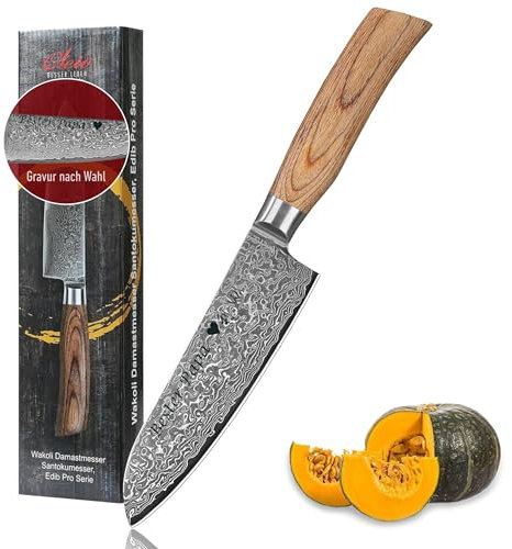 Wakoli EDIB Pro Damast Santoku Messer mit Gravur – Personalisiertes Küchenmesser, 16 cm Klinge aus 67 Lagen Damaststahl (VG10-Kern), ergonomischer Pakkaholzgriff – Profi Santokumesser in Geschenkbox