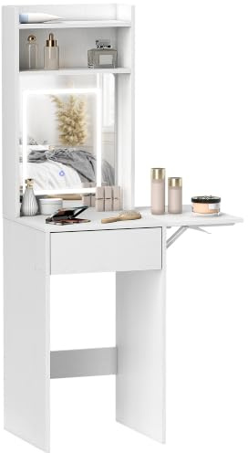HOMCOM Small Dressing Table with Mirror LED Lights White | Adjustable Lights, Drop Leaf Side, Vanity Desk, Open Shelves and Drawer, Compact Makeup Table, Small Spaces, Bedroom