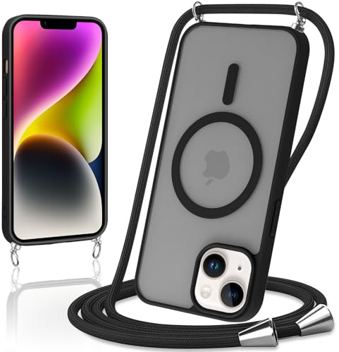 Knrlqim Magnétique Coque pour iPhone 14 Plus 6,7 avec Cordon,Compatible avec MagSafe,Etui Translucide Mat Arrière Housse Fine Antichoc, Réglable Collier Lanière Étui Portable Lanyard Case,Noir
