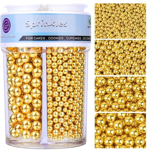 Essbare Goldene Zuckerstreusel & Zuckerperlen (130g) - In 4 Vorsortierten Größen (2,4,7,10mm) für Eis, Torten, Cupcakes & Kekse - Perfekte Perlen Streusel Deko für Hochzeit & Geburtstag