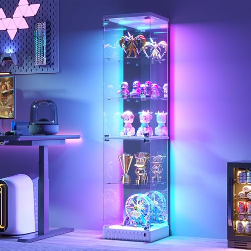 Gurexl Glasvitrine mit Dynamische Beleuchtung,Stand Eckvitrine mit Körpersensor System,Weinschrank Vitrine mit 2 abschließbare Glastüren und 3 verstellbare Glasböden für Wohnzimmer, Esszimmer,Weiß