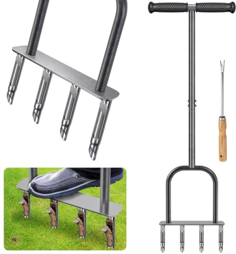 BeneLabel Rasenlüfter Aerifiziergabel 4 Hohlspoon/Halboffener | Bodenlüfter Rasenlöcher Rasenspecht Rasenpflege Werkzeug,Φ1.5cm Loch,9cm Tief,93cm Lang,Umpflanzen Sämling Unkraut Jäten