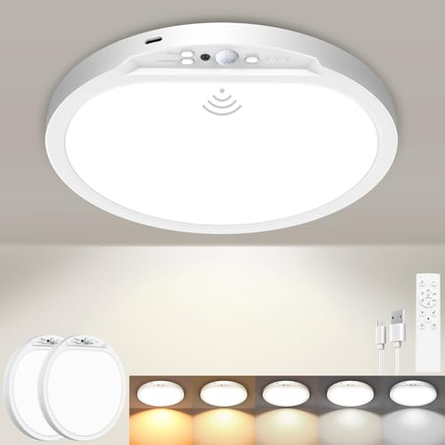 slochi Deckenlampe mit Bewegungsmelder, 8000mAh Akku Ultralange Akkulaufzeit, Kabellos Deckenleuchte Dimmbar mit Batterie Wiederaufladbar, 5 Farbtemperaturen mit Fernbedienung Timer für Flur,Keller