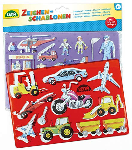 Lena 65773, 2er Zeichenschablonen Set Menschen, 2 Schablonen und Farbvorlagen mit Fahrzeugen und Personen Motiven, Malschablonen je ca. 26 x 19 cm, Malset für Kinder ab 3 Jahre