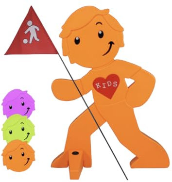 StreetBuddy - Warnfigur mit Fahne, reflektierender Warnaufsteller für Kindersicherheit - Achtung langsam Fahren - Vorsicht spielende Kinder - Schild Autofahrer Warnung (Orange)