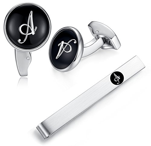 HONEY BEAR Iniziale Lettera Alfabeto Gemelli & Fermacravatta Set - Acciaio Inox per Regalo Affari Matrimonio Camicia Uomo Nero, 15mm, Acciaio inossidabile, senza pietra