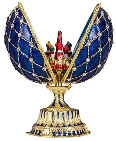 danila-souvenirs Fabergé-Stil Ei mit Basilius-Kathedrale 12 cm blau