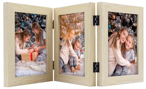 Frametory, Klapprahmen mit Frontglas, 12,7 x 17,8 cm, für drei Bilder, vertikal auf dem Schreibtisch oder auf der Tischplatte (Natur, 12,7 x 17,8 cm)