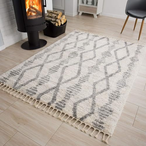 TAPISO Versay Teppich Shaggy Creme Grau Fransen Hochflor Langflor Modern Ethno Boho Geometrisch Design Wohnzimmer Schlafzimmer ÖKOTEX 140 x 200 cm