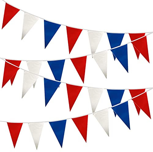 Guirlande de fanions en tissu rouge, blanc et bleu - 10 m - 20 drapeaux - couronnement du roi - Union Jack - Bannière française pour pub, barbecue, événements royaux - Décorations de fête