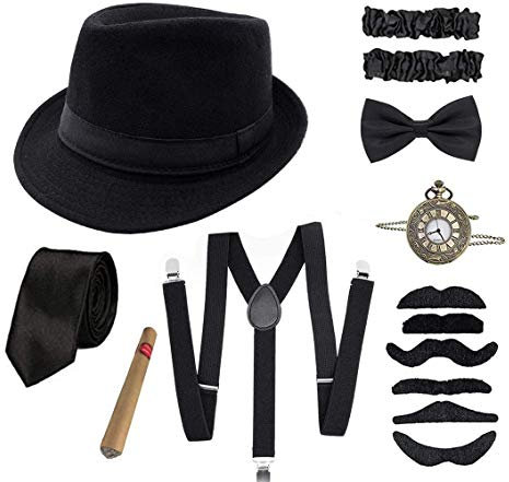 Shalwinn 1920s Jahre Herren Accessoires 20er Gangster Kostüm Mafia Gatsby Kostüm Zubehör Set mit Elastisch Verstellbar Hosenträger schwarz Panama Gangster Hut Taschenuhr