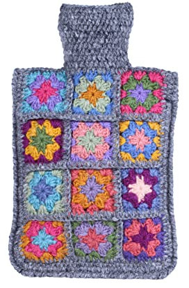 Pachamama Hand Crochet 100% Wool Hot Water Bottle Cover and 2 Litre Hot Water Bottle - Quilting Pattern Handmade Fair Trade Grey Multicoloured Thermal