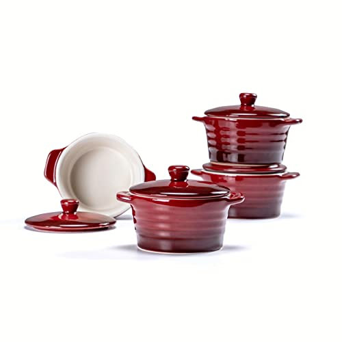 Mini Cocotte Individuelle en Céramique, Ramequins Moule à Soufflé avec Couvercles (Lot de 4) - 230 ml, Casserole Four avec Poignées pour Soufflé, Crème Brûlée - Couleur Rouge