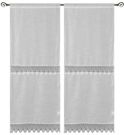 coppia di tendine a pannello art lille in tessuto bianco simile lino di poliestere con balza in pizzo macrame centrale e finale, con passante unico adatto per finestre e portefinestre MIS 60x150cm