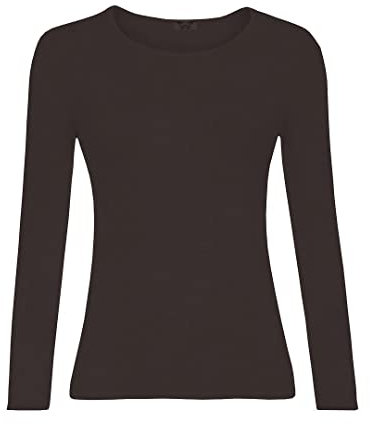 KATSSI Women’s Ladies Long Sleeve Stretch Plain Round Scoop Neck T Shirt Top ML Brown