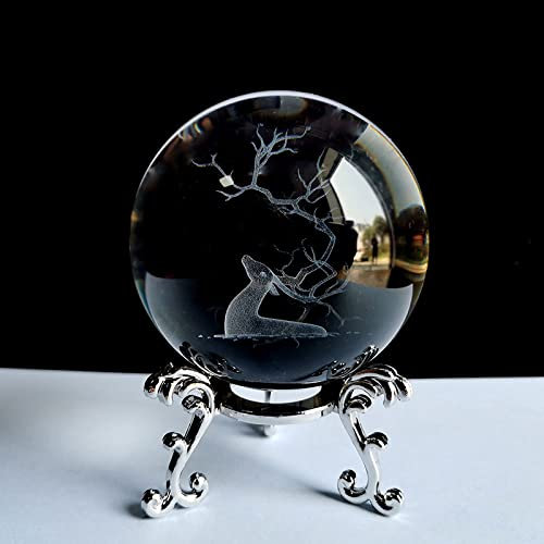 VVW&LIU Kristallkugel mit 3D-Gravur, Wapiti-Miniatur-Glashirschkugel, Briefbeschwerer, Heimschreibtisch, dekoratives Ornament, Geburtstag, Dora-Geschenke, mit silberner Basis, 60 mm