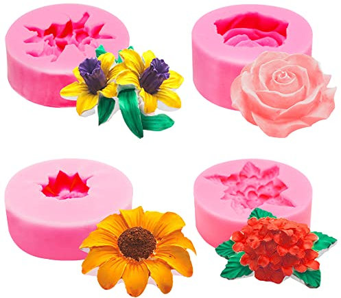 AFUNTA - 4 moldes de silicona para fondant, diseño de margaritas de rosas, girasoles, moldes para tartas 3D, para decoración de pasteles de chocolate, dulces, fabricación de jabón
