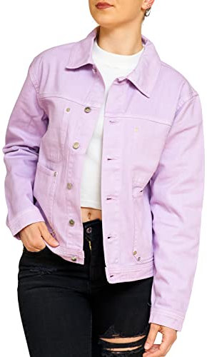 Denim Jackets Women, Regular Fit Heavy Stone Wash Ladies Jeans Top Long Sleeve Girls Casual Outwear - Lilac - X-Small