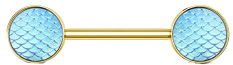 Tata Gisèle Piercing Barbell Sein Téton Mamelon en Acier Chirurgical 316 L - Ecailles de Dragon Holographique en Résine 31 mm - (Or Doré/Aigue Marine)