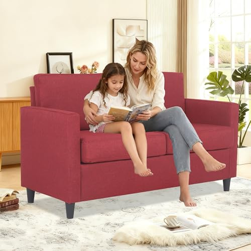 Mingone Divano a 2 posti – Design Relax scandinavo Poltrona salotto moderna imbottita in lino con gambe in plastica, rosso