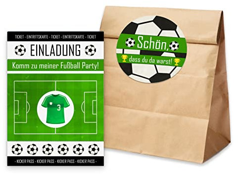 Nastami 10 x Einladungskarten Kindergeburtstag + 10 Tüten inkl. Sticker Mitgebsel Kindergeburtstag (Fußball)