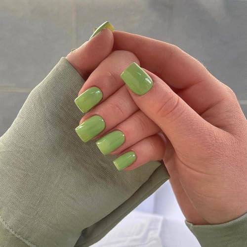 Feather Light Green Nails for Sticking Medium Short Square KXAMELIE Nail Studio Coffin Fake Nails Plain Seamless Soft Gel Fingernails for Sticking on for Women and Girls Press-on