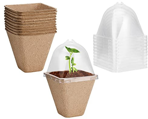 Mokylor 30 macetas biodegradables con cúpula de humedad, macetas de inicio de semillas con bandeja de drenaje, macetas de turba biodegradables para plántulas, verduras
