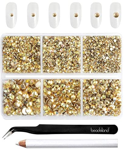 Beadsland 4300pcs Flatback Nail Rhinestones,Gold Rhinestones Round Crystal Gems for Crafts,Mixed 6 Sizes with Picking Tweezers and Wax Pencil Kit, SS6-SS20,Metal Sunlight