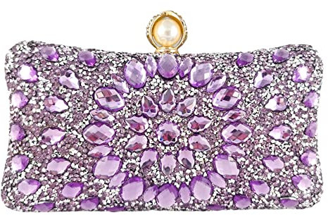 Boutique De FGG Pearl Clasp Crystal Clutch Purses for Women Evening Bags Wedding Handbag Party Rhinestone Clutch Bag,Mini, Light Purple, S