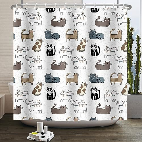 SDOTPMT 120x180cm Tenda Da Doccia Con Gatti Giocosi - Carino Divertente Animale Cartone Animato Bianco per Bagno Moderno - Decor per Ragazzi e Ragazze Con Ganci