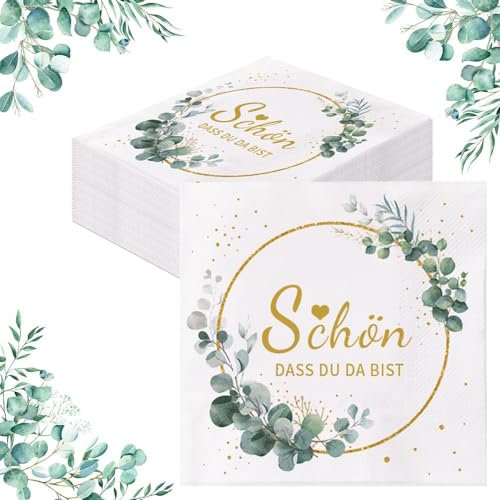 Glamifyr 40 Stück Servietten schön dass du da bist,Servietten hochzeit Geburtstag Eukalyptus,2 Lagige servietten eukalyptus Servietten Grün Servietten Salbeigrün Taufe Kommunion Tischdeko 33x33cm