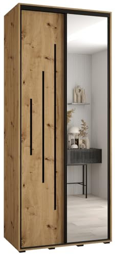 MEBLE KRYSPOL Davos 13 110 Schrank mit Zwei Schiebetüren für Schlafzimmer - Moderner Kleiderschrank mit Spiegel, Kleiderstange und Regalen - 235,2x110x60 cm - Artisan Artisan Schwarz