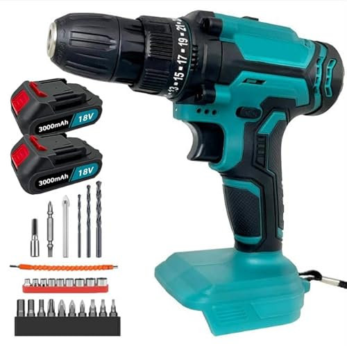 TEETOK Electric Drills Cordless 21V 45N.m Max, Cordless Drill Driver Set with 2X 3000mAh Battery, 3/8” inch Keyless Chuck, 25+1 Torque Settings, 2-Speed, LED Light, and 26 Accessories