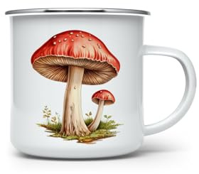 MAXIKIWI - Durable Enamel Coffee or Tea Camping Mug for Indoor Outdoor Use - Aquarelle Pastel Mushroom - 350ml