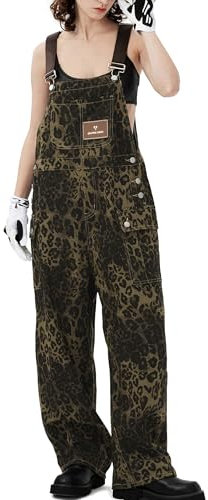Aelfric Eden Salopette da donna Leopard Jeans Tuta Baggy Casual Stretch Pantaloni Jumpsuit Denim Y2K, marrone, XL