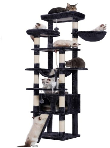 Heybly Árbol para Gatos, 200 cm de Altura Torre para Gatos, con 11 Postes, 2 Plataformas, 1 Cuevas, Cesta, Hamaca, 3 Pompón, Multinivel para Gato Grandes, Gris Ahumado HCT033G