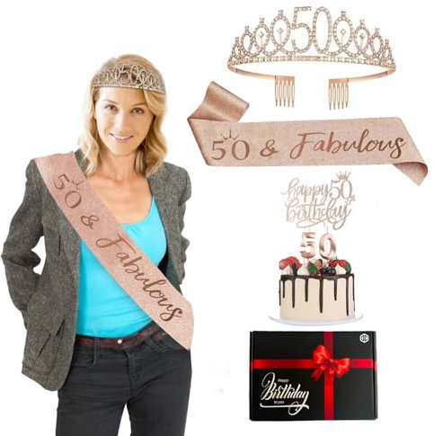 Bday® Geburtstagsset 50 Jahre Frau | Miss Schal Rosa Gold | Kronendiadem mit Strass | Kerzen Zahl 50 | Unvergessliches Partyzubehör | Dekoration Geburtstage Mädchen | Deko | OriginalCorner®