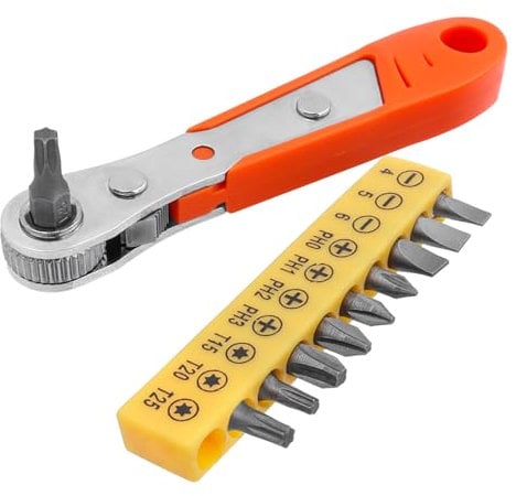 Mesee Mini Ratchet Wrench with 10 Types Screwdriver Bits Set, 1/4 Inch Drive Ratcheting Screwdriver Wrench Right Angle Offset Reversible Drive Handle for 1/4-Inch Hex Shank Drill/Screwdriver Bits