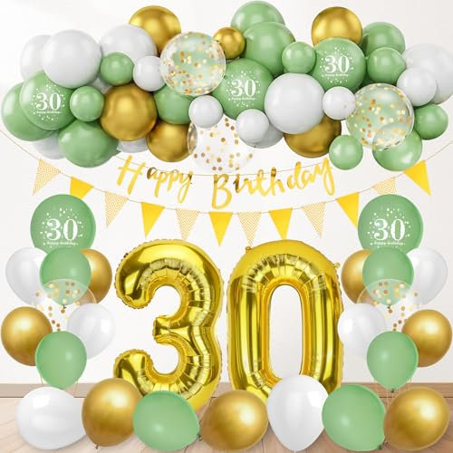 30. Geburtstagsdeko, 84 Stück Geburtstag Deko Frau Mann mit Banner, Riesen Folienballon Zahl 30, Sage Grün Gold Luftballons Party Ballons Tortendeko für 30 Geburtstag Dekoration
