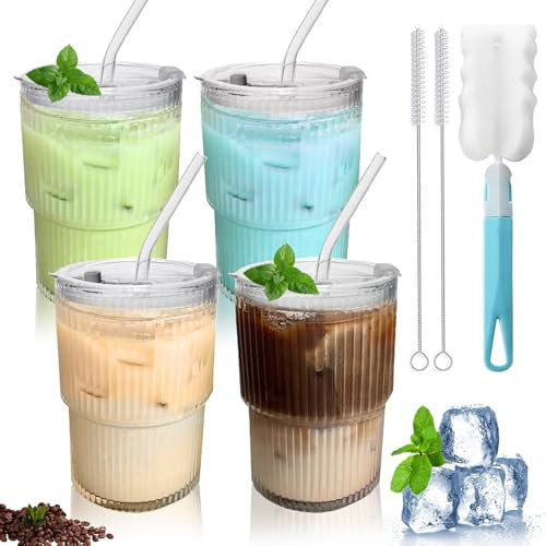 HUIKUANGEU Diseño de Rayas de Cristal Vaso de Vidrio,4 piezas Vasos con Tapa y Pajitas 400ML,Vaso Acanalados,Ondulados Estilo Origami Vintage Juego de Vasos Agua,Para Cocktail,Cerveza,Batidos.