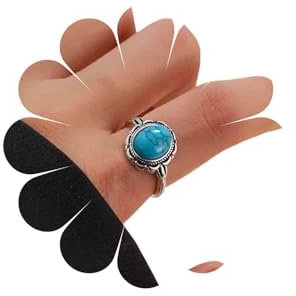Dervivea Vintage Runde Türkis Stein Ring Silber Türkis Perlen Ring Blau Türkis Fingerring Türkis Stein Wrap Ring Türkis Edelstein Manschette Ring Knöchel Stapelbar Ring-Set Schmuck Für Frauen