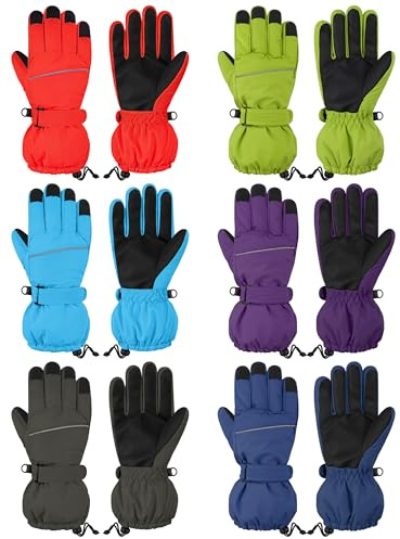 Cooraby 6 Pairs Kids Ski Snow Gloves Waterproof Windproof Gloves Winter Snowboard Sport Gloves for Boys Girls Cold Weather